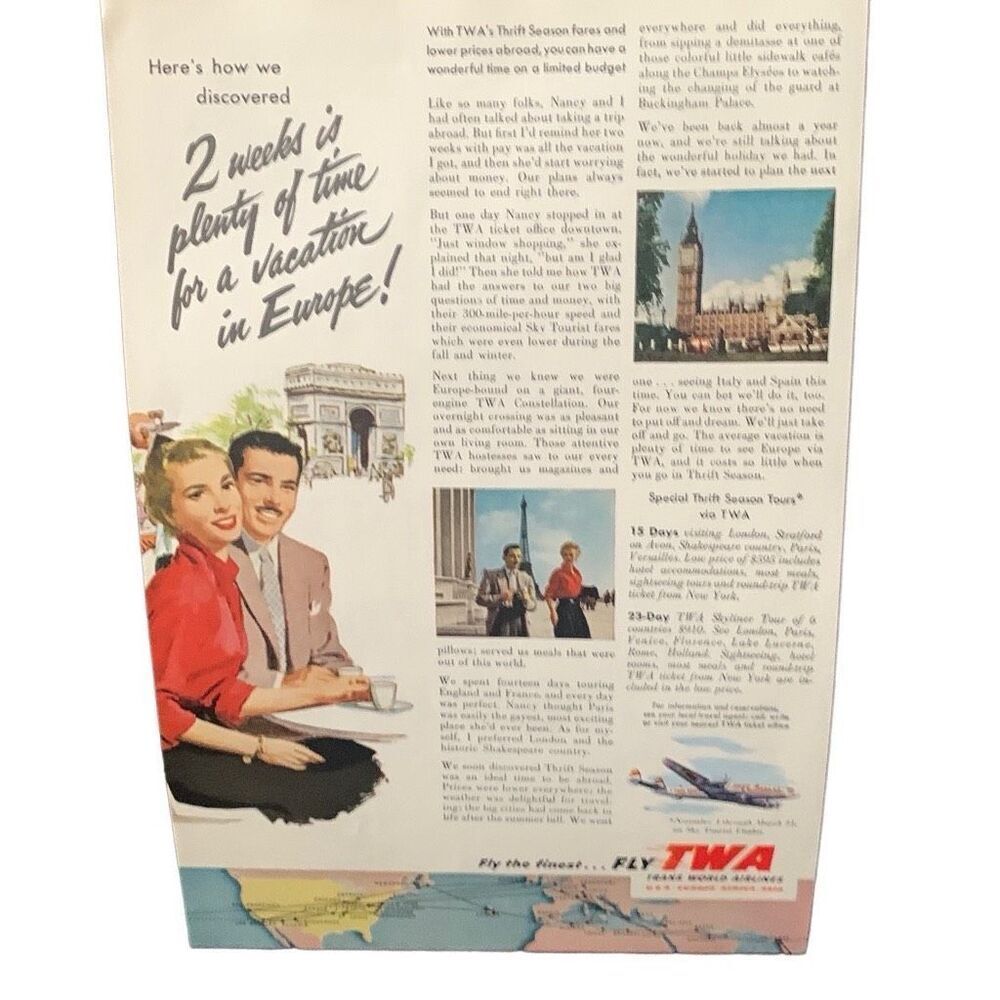 Vintage 1953 TWA 2 Weeks is Plenty In Europe Ad Advertisement